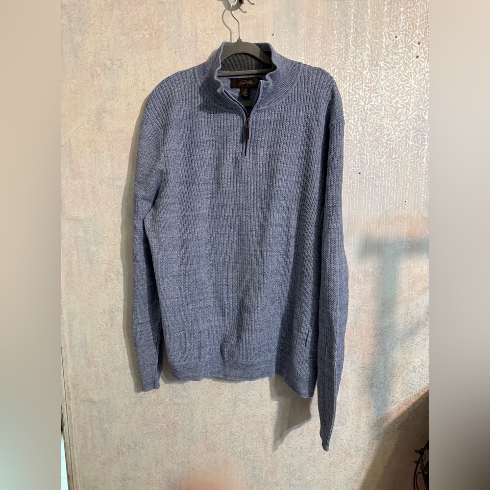 Vintage 90’s Tasso Elba Men's Heathered Blue Quarter Zip-Up Sweater, 100% Cotton